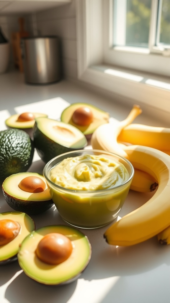 A bowl of creamy avocado and banana mash on a kitchen countertop, with whole avocados and bananas in the background.